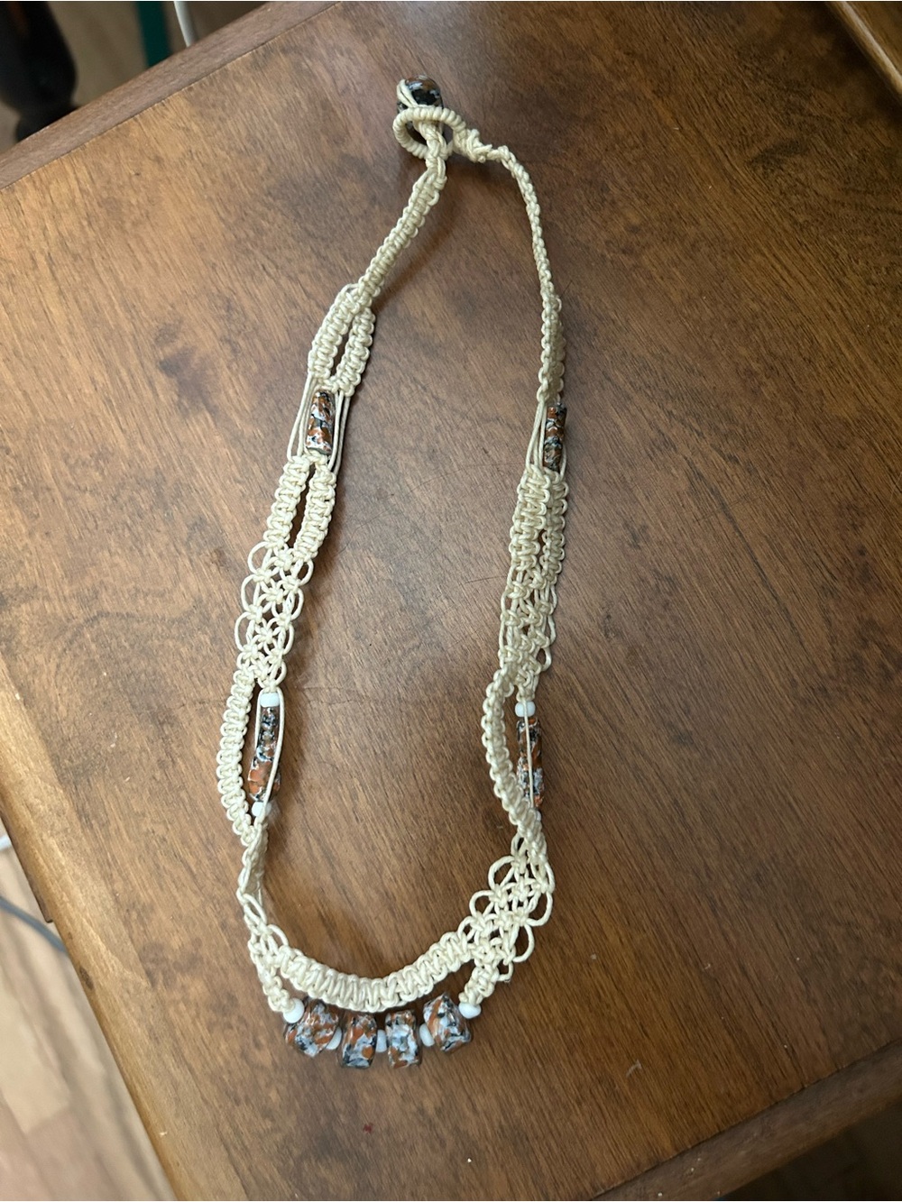 Vintage Handmade Cream Macramé Necklace with Brown Accent Beads